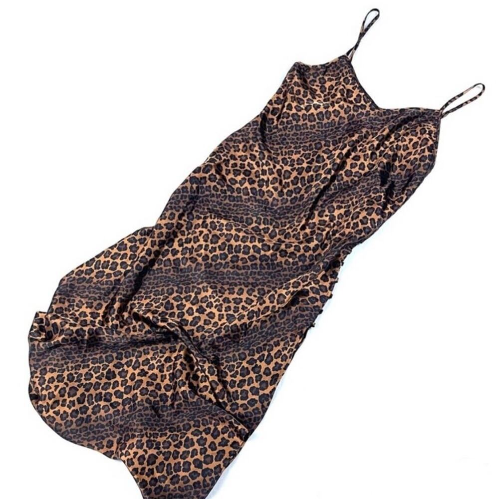 Vintage Cheetah Print Satin Thigh Slit Slip Dress